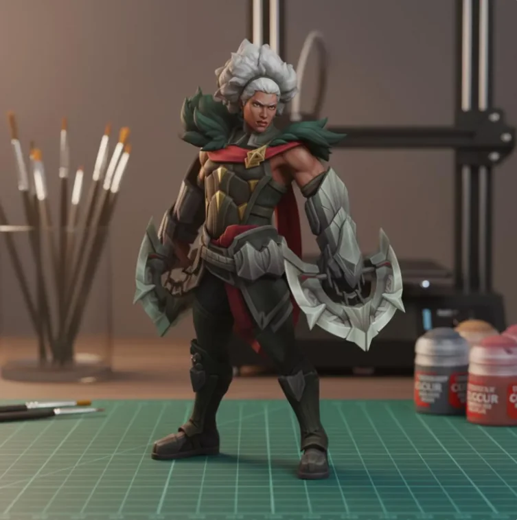 Armoured fantasy warrior figure with dual blades, hand-painted 3D print
