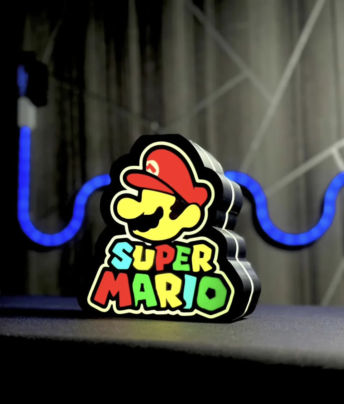 Super Mario logo custom 3D-printed character lamp with colour-change LED