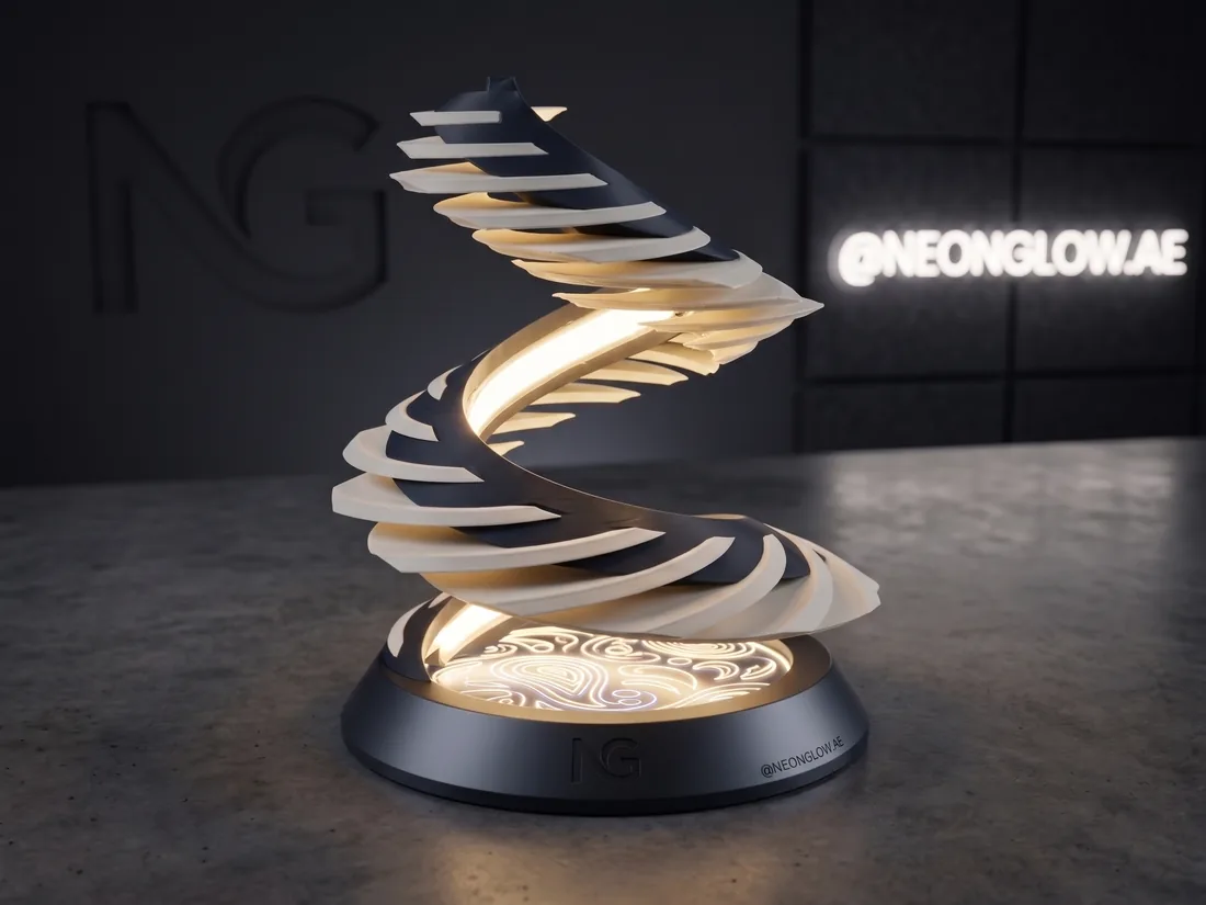 Sculptural spiral 3D-printed lamp with warm LED glow and NG branding