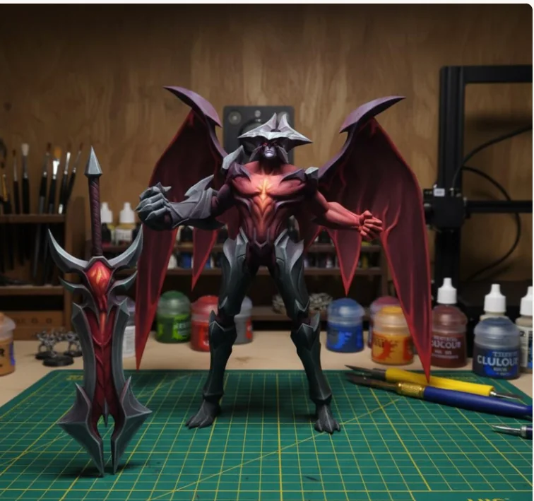 Winged demon warrior figure with spear, hand-painted 3D print