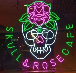 Skull and rose art neon for a cafe window, UAE