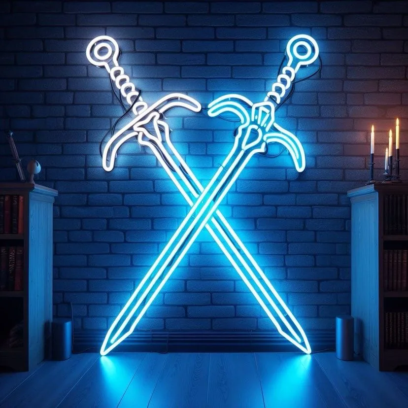 Crossed swords themed neon room feature, UAE