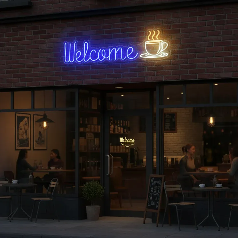 Warm white Welcome neon on a cafe storefront