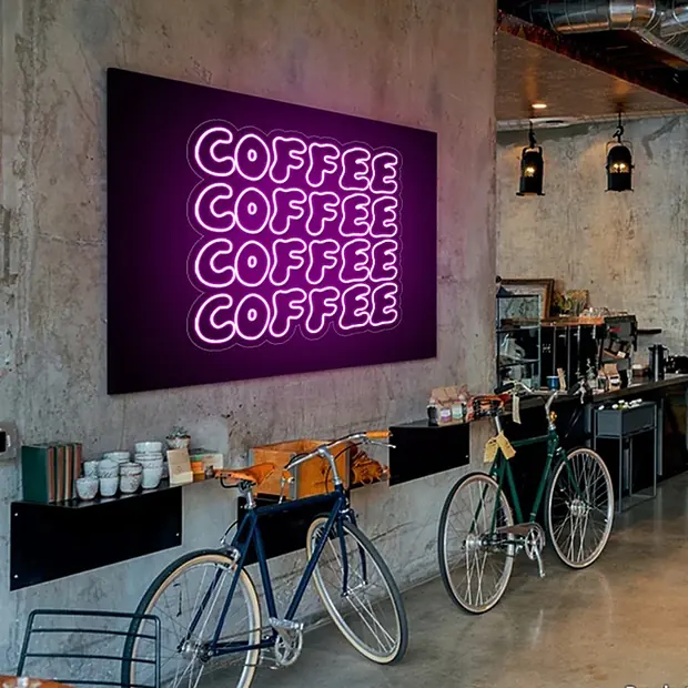 Cafe interior LED neon feature wall — business neon signage, UAE